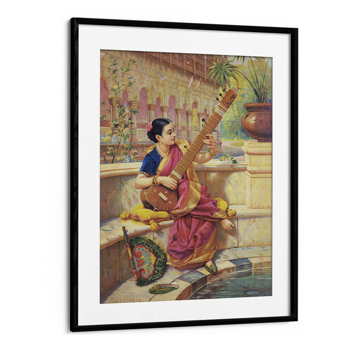 Kadambari Playing Sitar By Raja Ravi Varma Indian Paintings in Black Frame With Mount