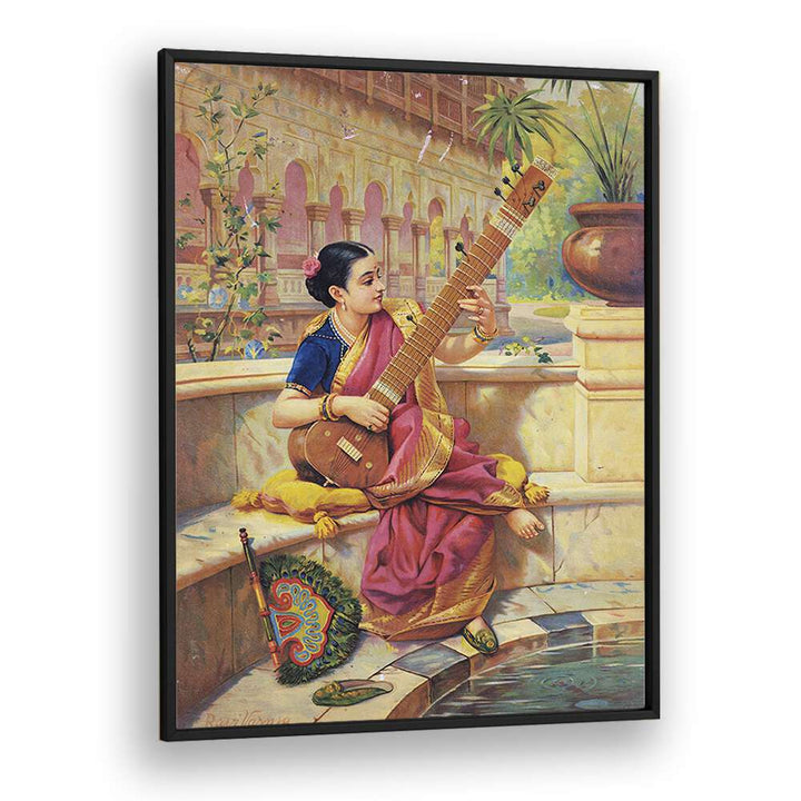 Kadambari Playing Sitar By Raja Ravi Varma Indian Paintings in Black Plain Frame