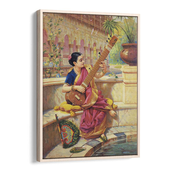 Kadambari Playing Sitar By Raja Ravi Varma Indian Paintings in Oak Wood Floater Frame