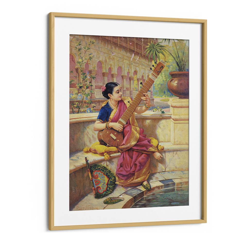 Kadambari Playing Sitar By Raja Ravi Varma Indian Paintings in Oak Wood Frame With Mount