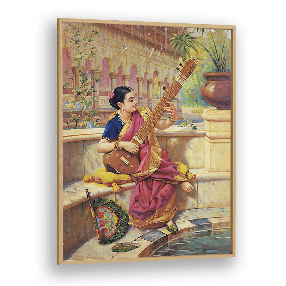 Kadambari Playing Sitar By Raja Ravi Varma Indian Paintings in Oak Wood Plain Frame