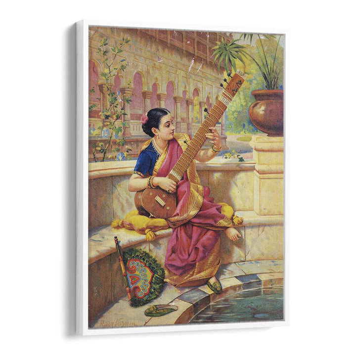 Kadambari Playing Sitar By Raja Ravi Varma Indian Paintings in White Floater Frame