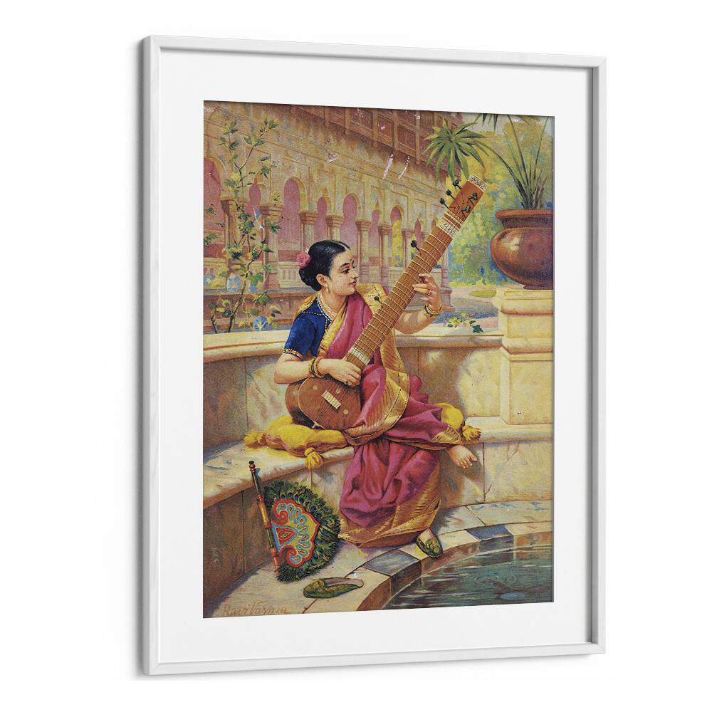 Kadambari Playing Sitar By Raja Ravi Varma Indian Paintings in White Frame With Mount