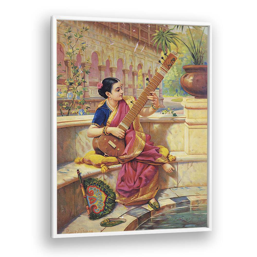 Kadambari Playing Sitar By Raja Ravi Varma Indian Paintings in White Plain Frame