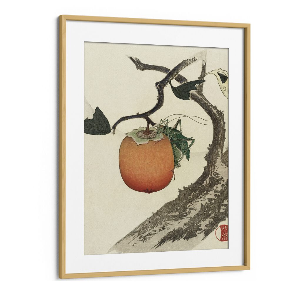 Kakivrucht Met Sprinkhaan (1890–1900) By Katsushika Hokusai Japanese Paintings in Oak Wood Frame With Mount