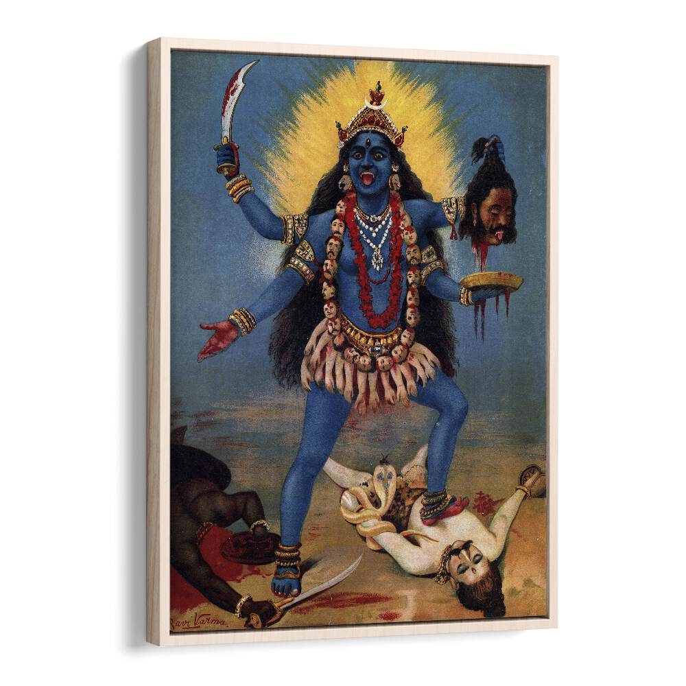 Kali By Raja Ravi Varma Indian Paintings in Oak Wood Floater Frame