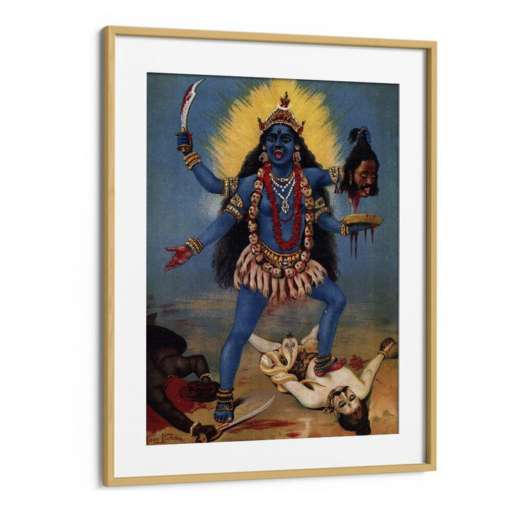 Kali By Raja Ravi Varma Indian Paintings in Oak Wood Frame With Mount