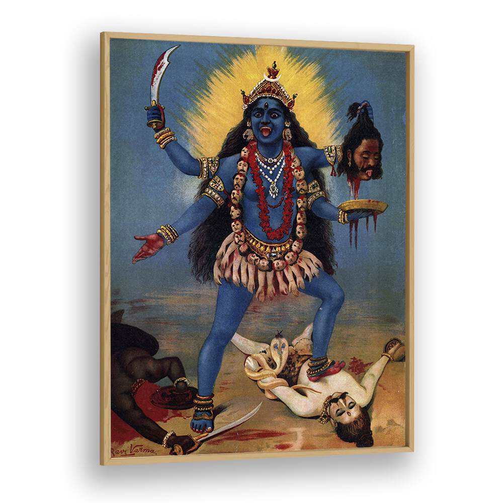 Kali By Raja Ravi Varma Indian Paintings in Oak Wood Plain Frame