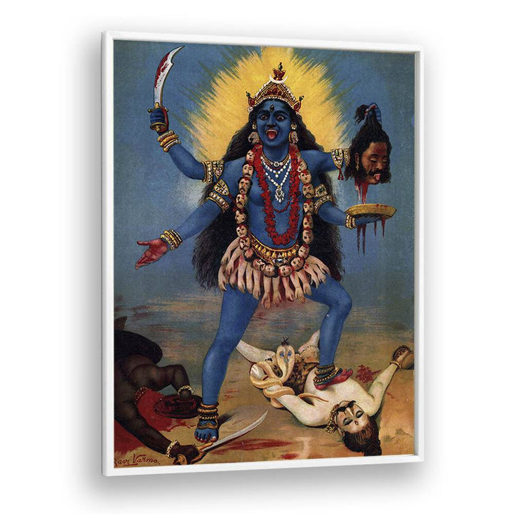 Kali By Raja Ravi Varma Indian Paintings in White Plain Frame