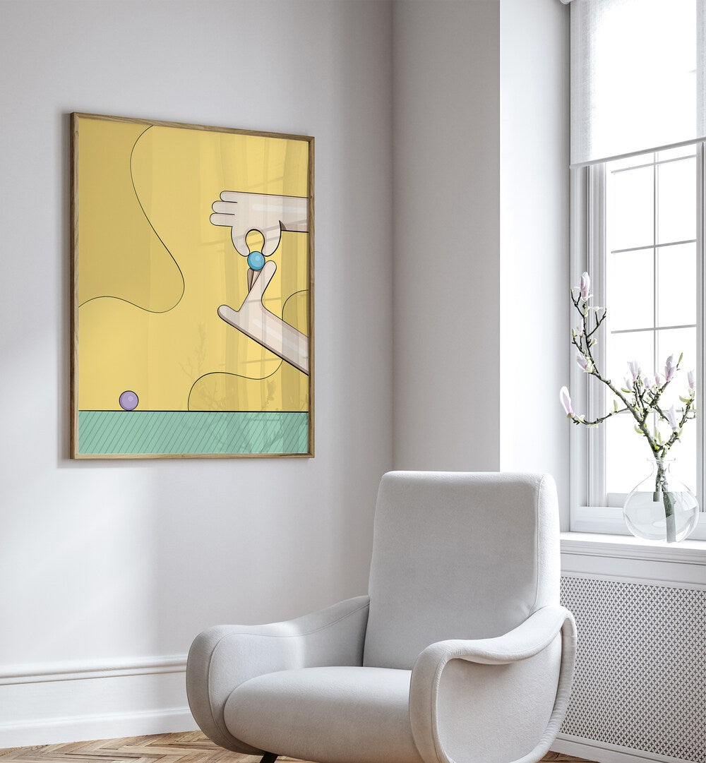 Kancha-Glass Balls By Samridhi Sharma Gaming Posters in Oak Wood Plain Frame placed on a White Colored Wall near a White Sofa Chair in the Drawing Room