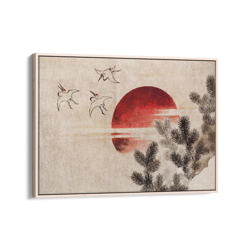 Katsushika Hokusai-s Birds And Sunset-1814 By Katsushika Hokusai Japanese Paintings in Oak Wood Floater Frame