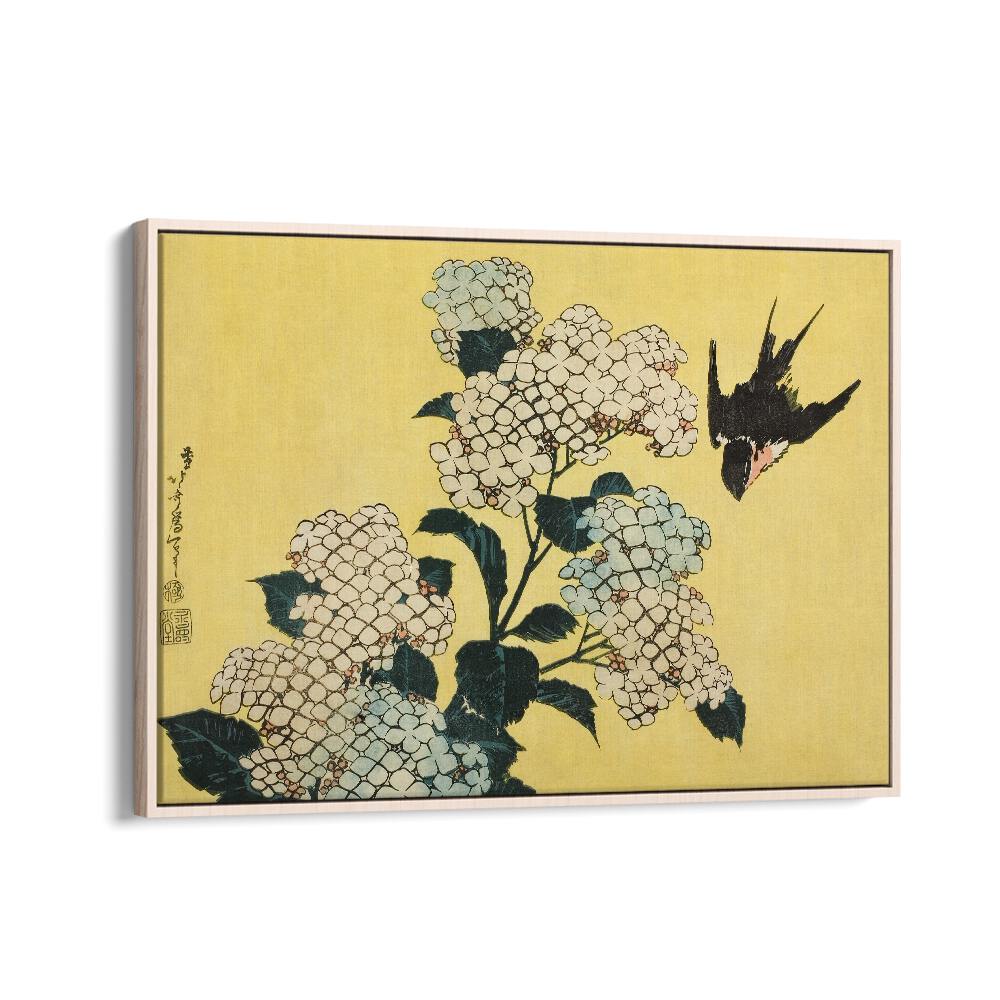 Katsushika Hokusai-s Hydrangea And Swallow-1833 By Katsushika Hokusai Japanese Paintings in Oak Wood Floater Frame