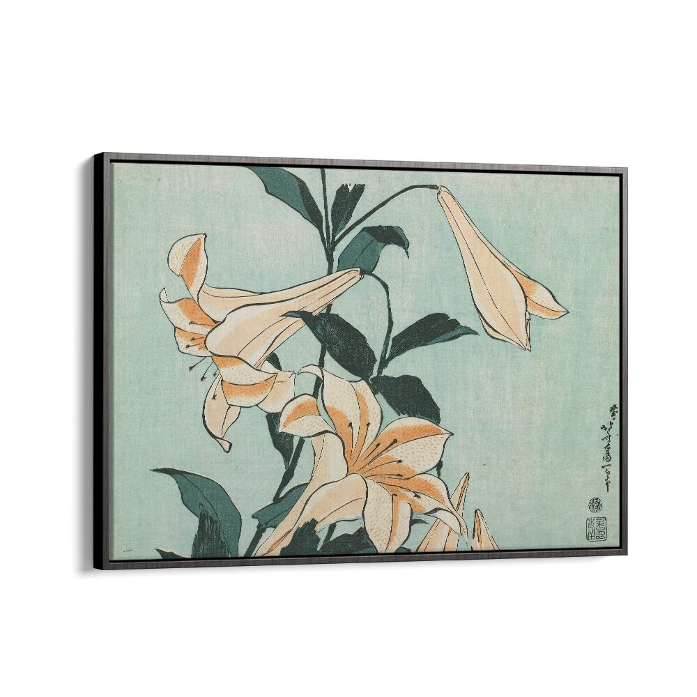 Katsushika Hokusai’s - Lilies 1833–1834 By Katsushika Hokusai Japanese Paintings in Black Floater Frame