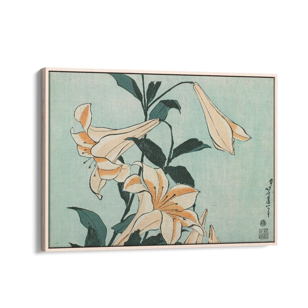 Katsushika Hokusai’s - Lilies 1833–1834 By Katsushika Hokusai Japanese Paintings in Oak Wood Floater Frame