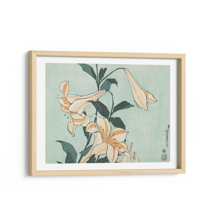 Katsushika Hokusai’s - Lilies 1833–1834 By Katsushika Hokusai Japanese Paintings in Oak Wood Frame With Mount