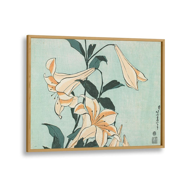 Katsushika Hokusai’s - Lilies 1833–1834 By Katsushika Hokusai Japanese Paintings in Oak Wood Plain Frame