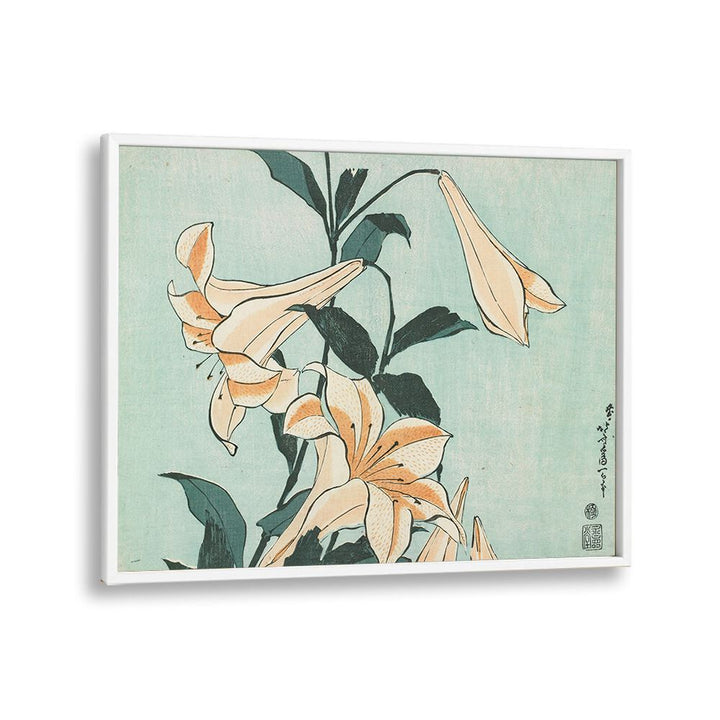 Katsushika Hokusai’s - Lilies 1833–1834 By Katsushika Hokusai Japanese Paintings in White Plain Frame