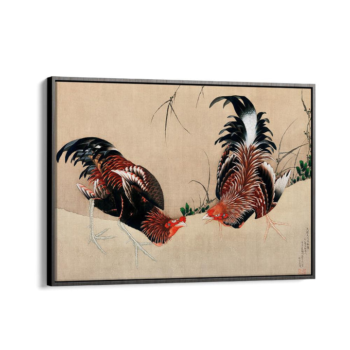 Katsushika Hokusai’s Gamecocks - 1838 By Katsushika Hokusai Japanese Paintings in Black Floater Frame