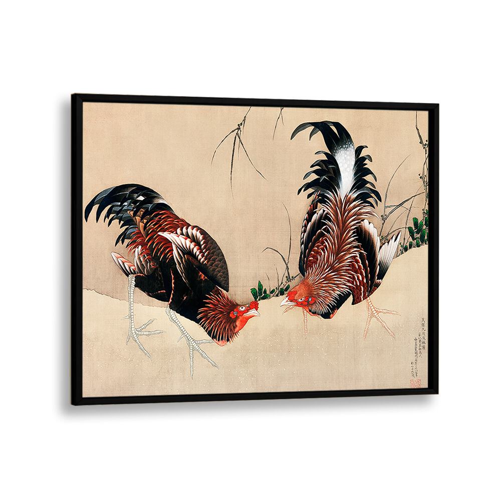 Katsushika Hokusai’s Gamecocks - 1838 By Katsushika Hokusai Japanese Paintings in Black Plain Frame