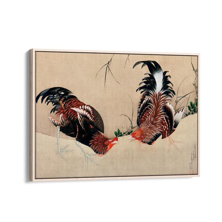 Katsushika Hokusai’s Gamecocks - 1838 By Katsushika Hokusai Japanese Paintings in Oak Wood Floater Frame