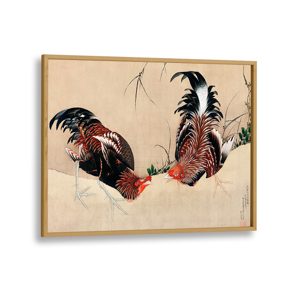 Katsushika Hokusai’s Gamecocks - 1838 By Katsushika Hokusai Japanese Paintings in Oak Wood Plain Frame