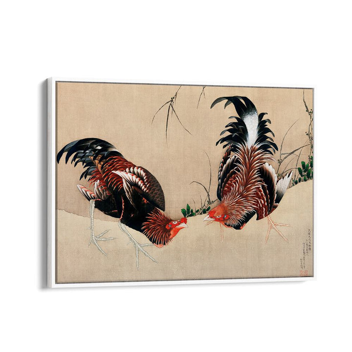 Katsushika Hokusai’s Gamecocks - 1838 By Katsushika Hokusai Japanese Paintings in White Floater Frame