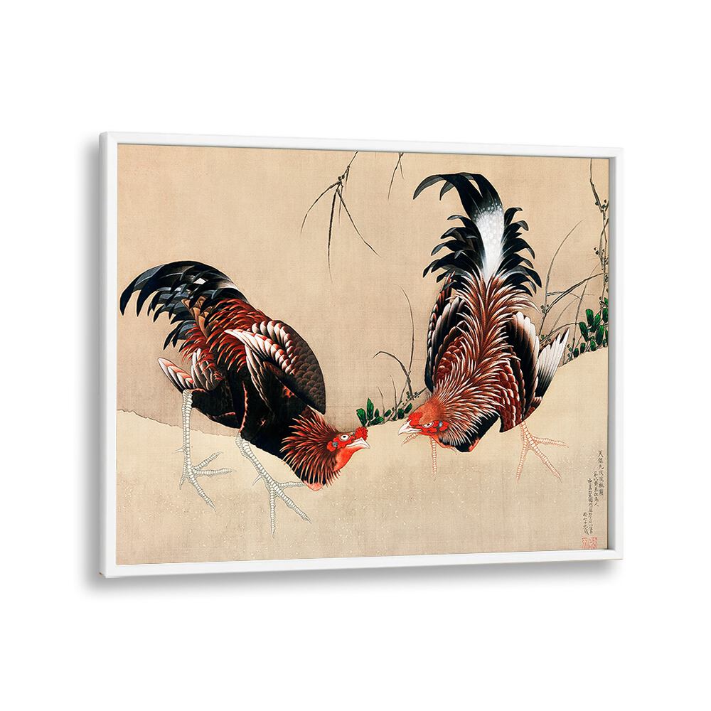 Katsushika Hokusai’s Gamecocks - 1838 By Katsushika Hokusai Japanese Paintings in White Plain Frame