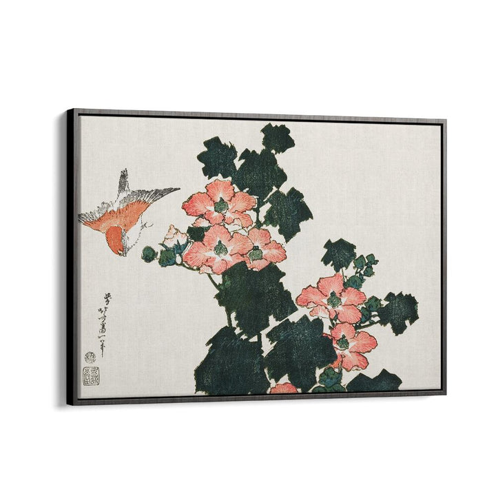 Katsushika Hokusai’s Red Roses And Bird 1760–1849 By Katsushika Hokusai Japanese Paintings in Black Floater Frame