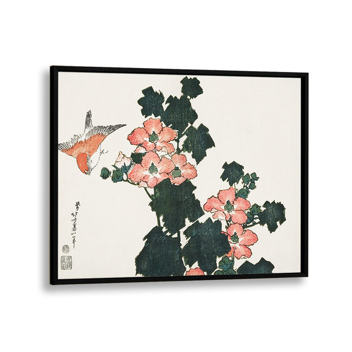 Katsushika Hokusai’s Red Roses And Bird 1760–1849 By Katsushika Hokusai Japanese Paintings in Black Plain Frame