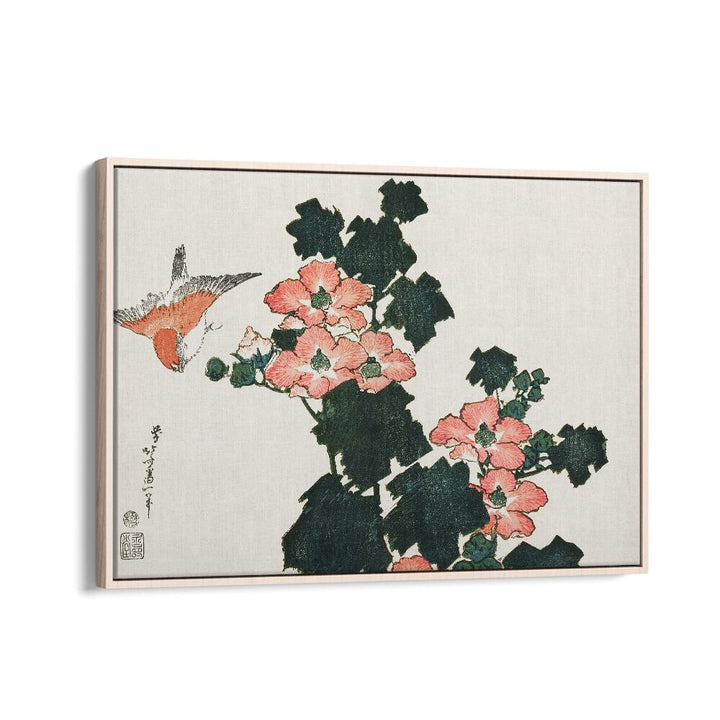 Katsushika Hokusai’s Red Roses And Bird 1760–1849 By Katsushika Hokusai Japanese Paintings in Oak Wood Floater Frame