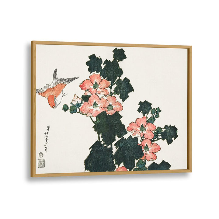 Katsushika Hokusai’s Red Roses And Bird 1760–1849 By Katsushika Hokusai Japanese Paintings in Oak Wood Plain Frame