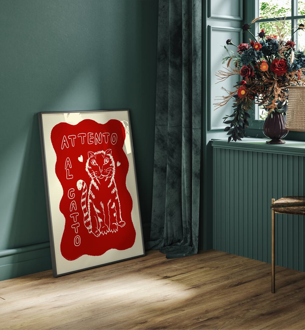 Katze Up Vita by Studio Dolci Kitchen Art Prints in Black Plain Frame placed on the floor beside a window