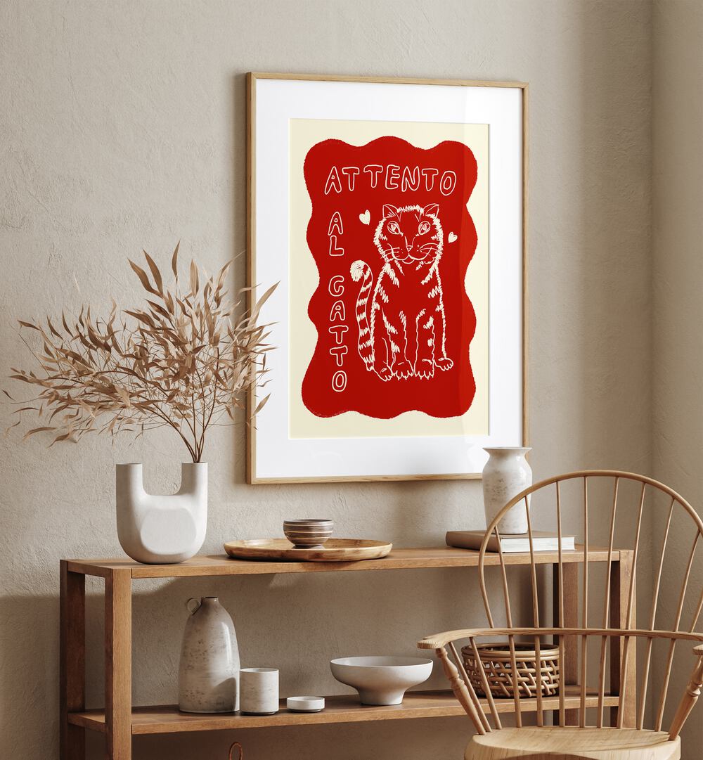 Katze Up Vita by Studio Dolci Kitchen Art Prints in Oak Wood Frame With Mount placed on the wall behind a table