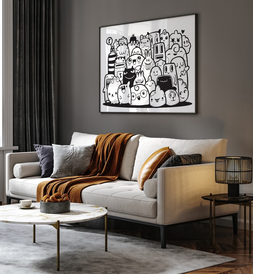 Kawai By Miho Art Studio  Botanical Prints in Black Plain Frame placed on the wall behind the sofa in the living area.