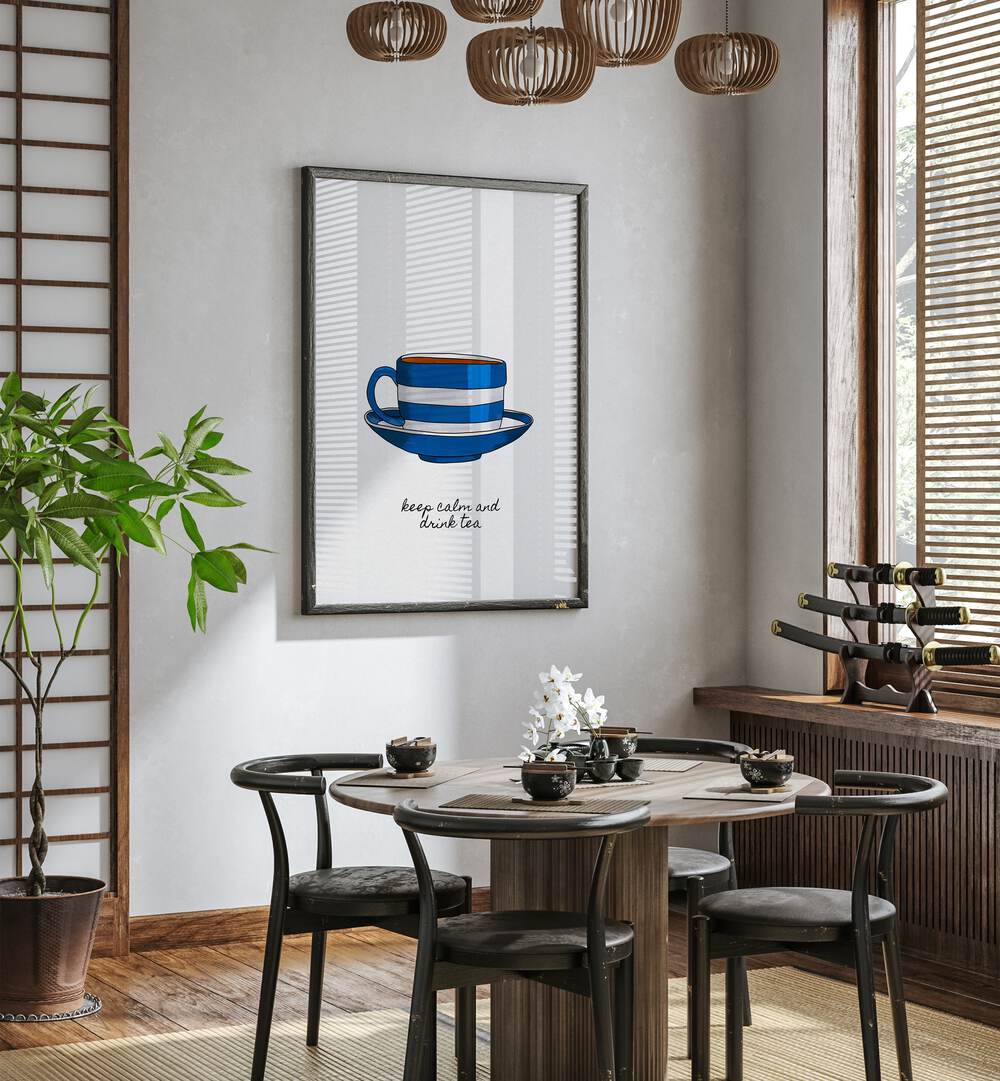 Keep Calm And Drink Tea By Orara Studio Kitchen Posters Kitchen Art Prints in Dark Wood Plain Frame placed on a White Colored Wall near a Dining Table in the Dining Room