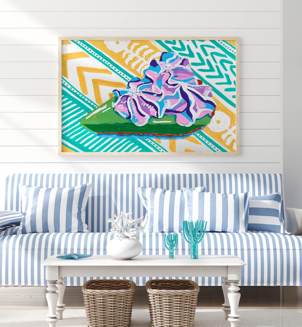 Key Lime Pie By Key And Sea Creative Art Print in Oak Wood Plain Frame behind a sofa on a white wall