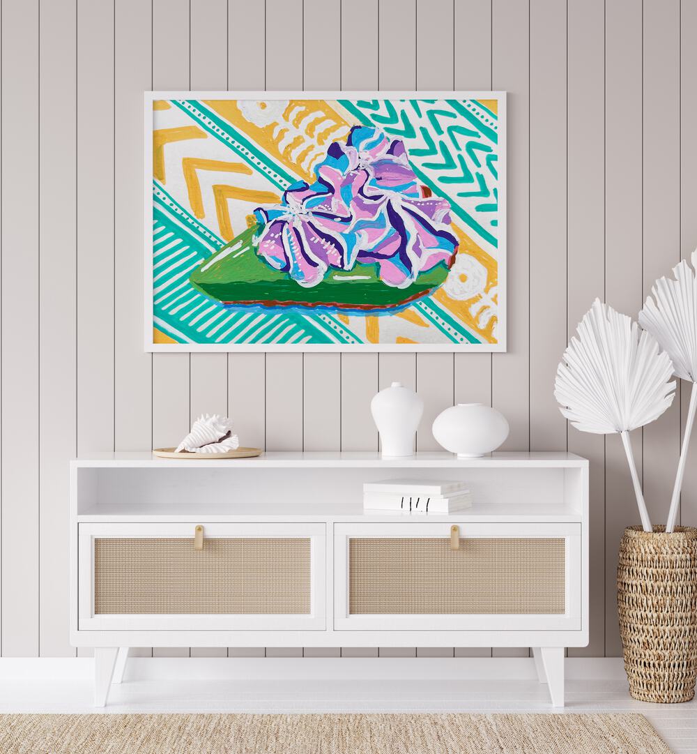 Key Lime Pie By Key And Sea Creative Art Print in White Plain Frame above a white console table