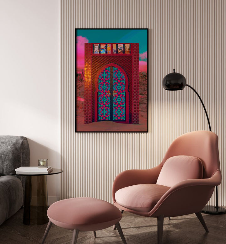 Khalid's Door By Cosmo Zach Surreal Art Prints Surrealism in Black Plain Frame placed on he wall beside a sofa