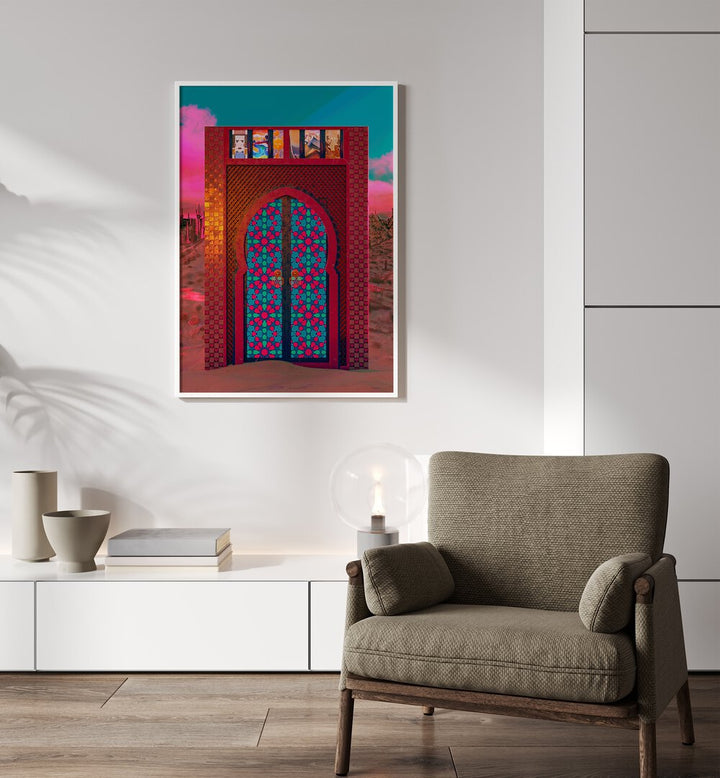 Khalid's Door By Cosmo Zach Surreal Art Prints Surrealism in White Plain Frame placed on a wall behind a chair