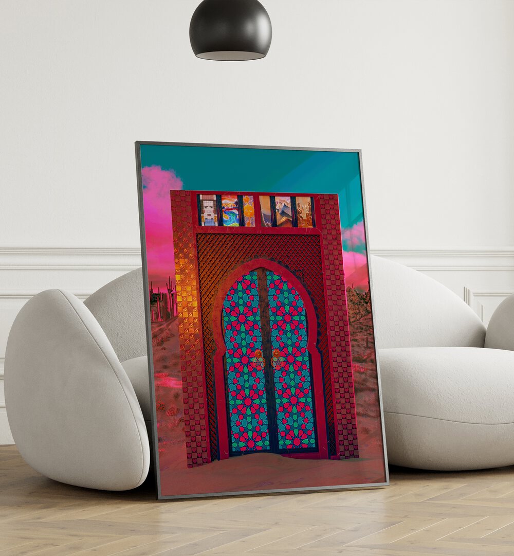 Khalid's Door By Cosmo Zach Surreal Art Prints Surrealism in Black Plain Frame placed on the floor beside a sofa