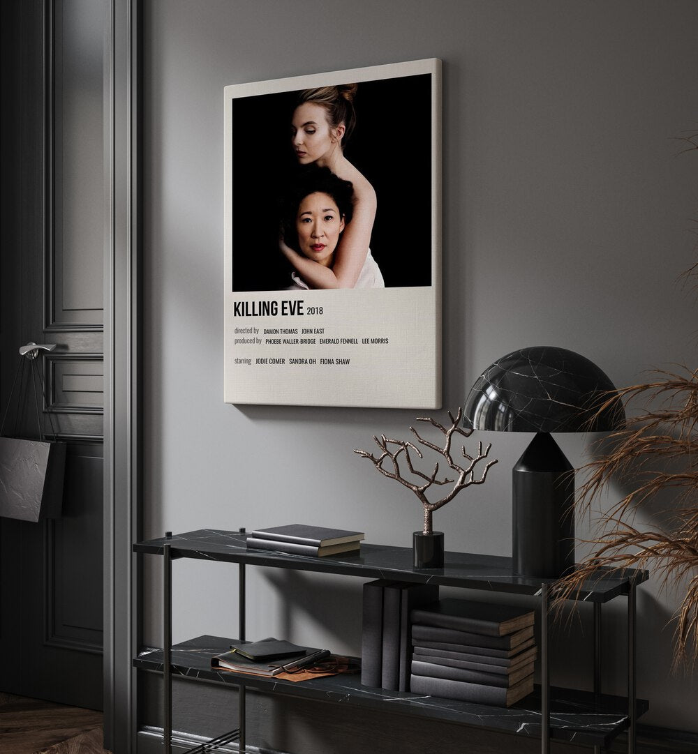 KILLING EVE 2018 MOVIE POSTERS in Gallery Wrap hanging on wall above console table beside door