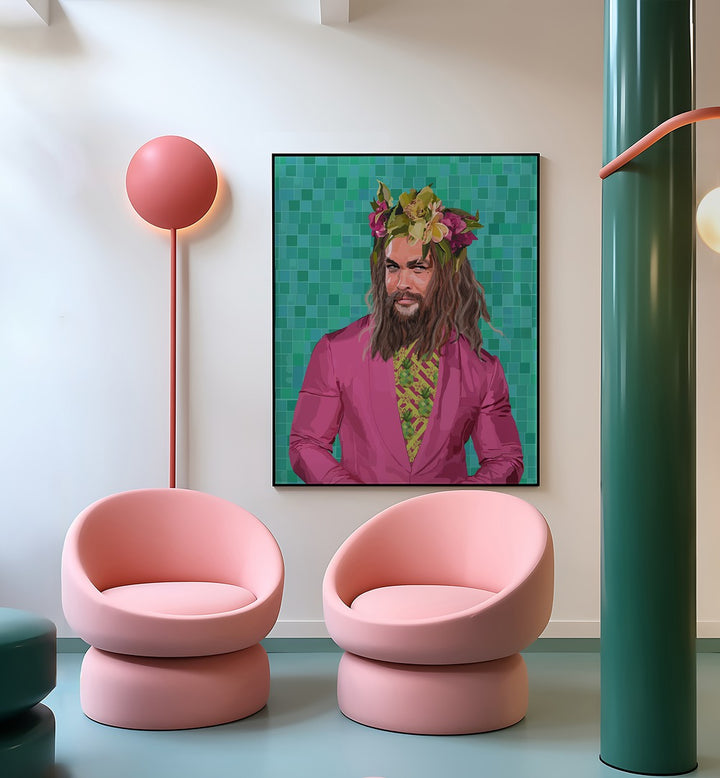 King Jason By Lynnda Rakos Pop Art Paintings Pop Art Prints in Black Plain Frame placed on a wall behind a two chairs