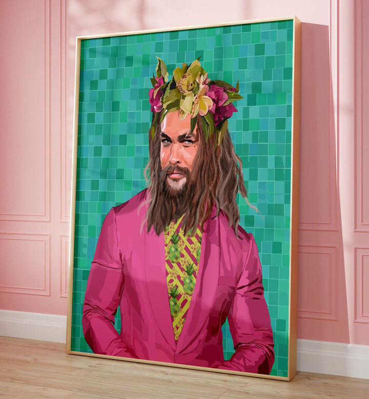 King Jason By Lynnda Rakos Pop Art Paintings Pop Art Prints in Oak Wood Plain Frame placed on the floor 