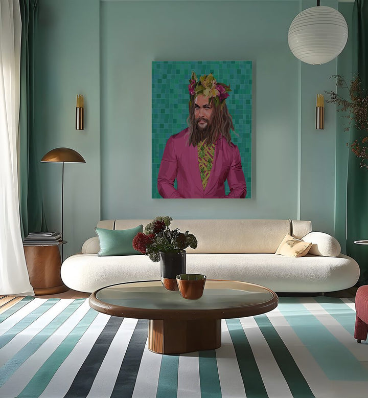 King Jason By Lynnda Rakos Pop Art Paintings Pop Art Prints in Gallery Wrap placed on a wall behind a sofa