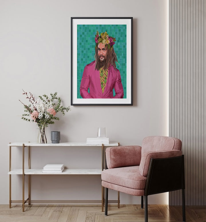 King Jason By Lynnda Rakos Pop Art Paintings Pop Art Prints in Black Frame With Mount placed on a wall behind a table