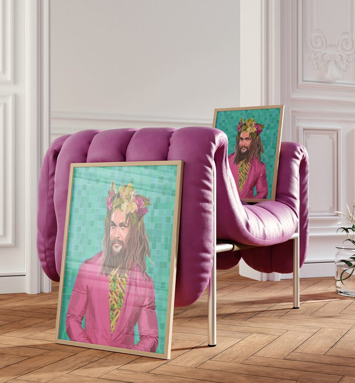 King Jason By Lynnda Rakos Pop Art Paintings Pop Art Prints in Oak Wood Plain Frame placed on the floor beside a pink sofa and on the sofa