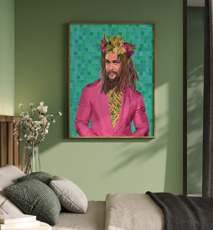 King Jason By Lynnda Rakos Pop Art Paintings Pop Art Prints in Oak Wood Plain Frame placed on a bedroom wall beside a bed