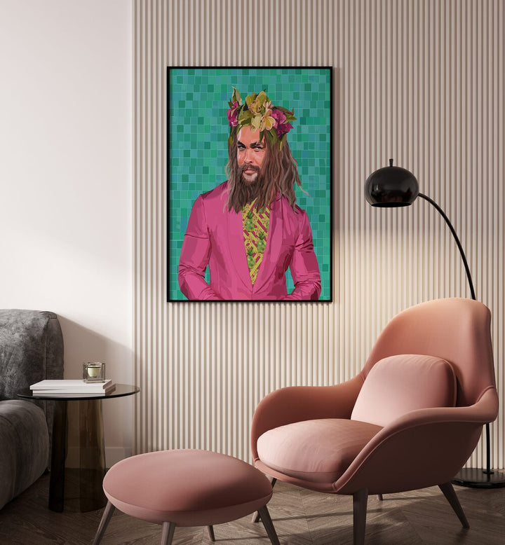 King Jason By Lynnda Rakos Pop Art Paintings Pop Art Prints in Black Plain Frame placed on a wall behind a sofa