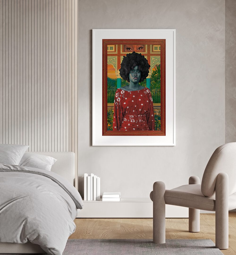 Kingdom of Ah By Cosmo Zach Surreal Art Prints Surrealism in White Frame With Mount placed on a bedroom wall beside a bed