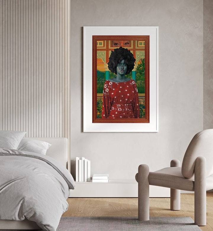 Kingdom of Ah By Cosmo Zach Surreal Art Prints Surrealism in White Frame With Mount placed on a bedroom wall beside a bed